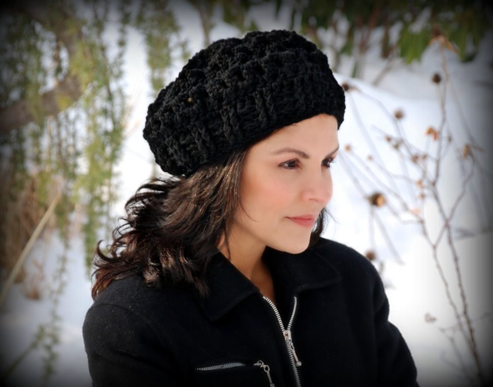 Winter Accessories, Crocheted Fashion Black Beret - Slouchy Beanie Hat, Winter Accessories