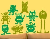 Geekery Vinyl Wall Decals: Nine Little Green Men, Goofy Alien Wall Art Monsters, Kids Bedroom Room Decor