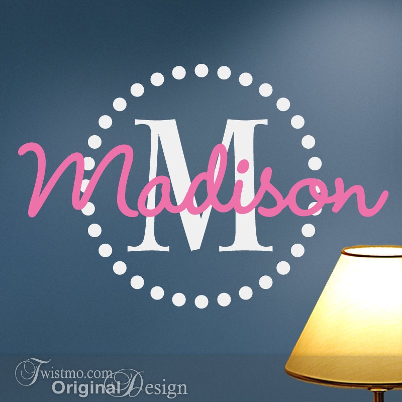 Girls Monogram Vinyl Wall Decals, Name & Initial with Circle of Dots for Your Bedroom Decor
