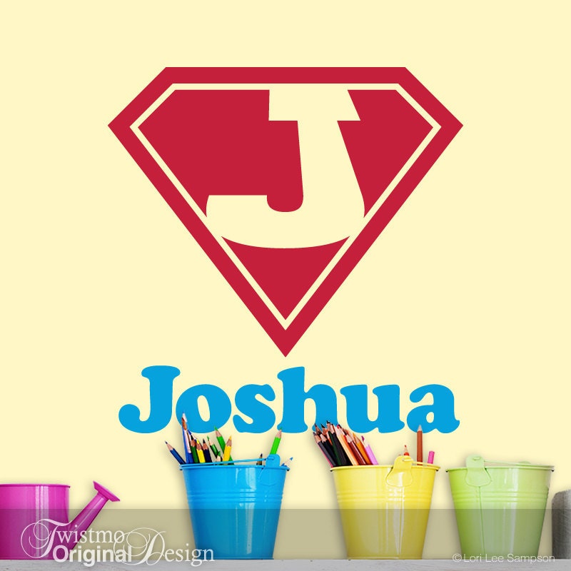 Superhero Shield Monogram Vinyl Wall Decal, Custom Name Wall Art: Comic Book, Super Hero, Baby Nursery, Boys, Teens, Toddler, Joshua