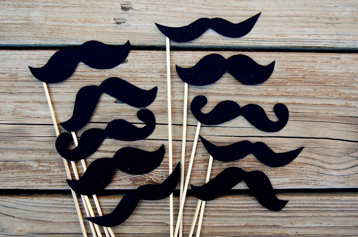 Black Mustaches on a stick STIFF FELT- Set of 10 photo booth mustaches