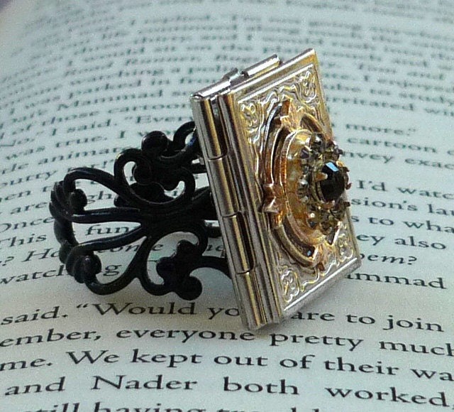 SALE 25-50% Check Shop Announcement for details...silver & black metal filigree book locket ring