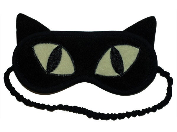 Black Fleece and Cotton Cat Eye Mask - Black Cat Sleep Mask with Green Eyes - Kawaii