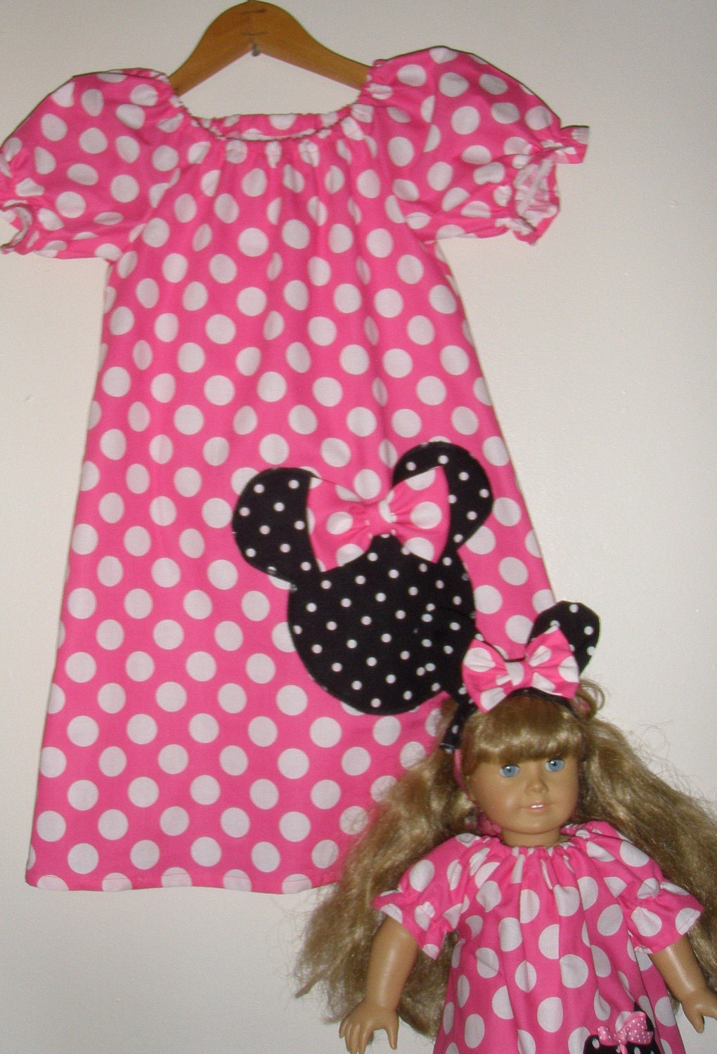 Minnie's dress Pink polka dots peasant dress&matching American girl doll dress available in size 5, 6,