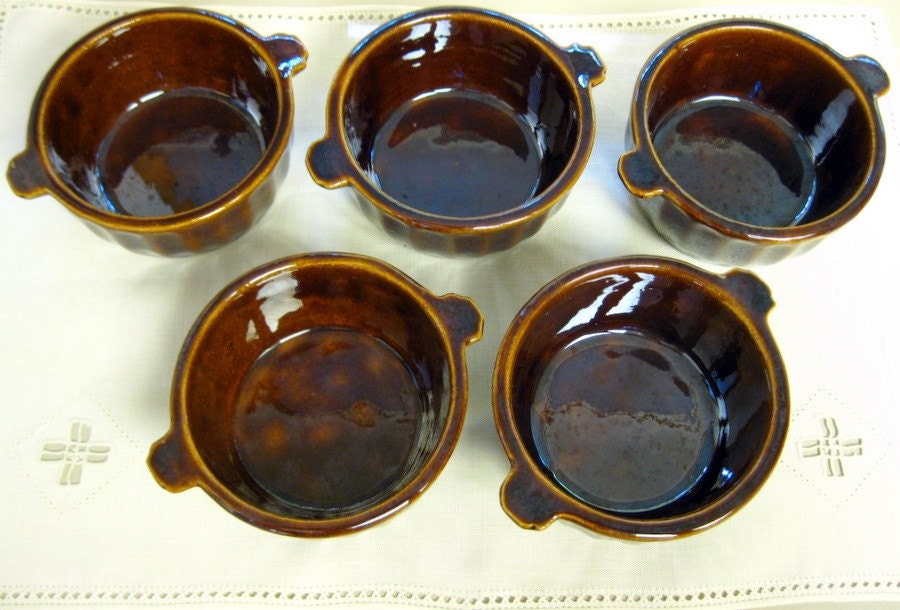 Brown Glazed Stoneware Five Individual Ramekins