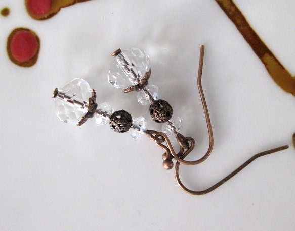 Clearance SALE Clear Crystal and Copper Filigree Earrings