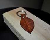 Handmade Tooled Leather Key Fob Leaf - Briar Brown