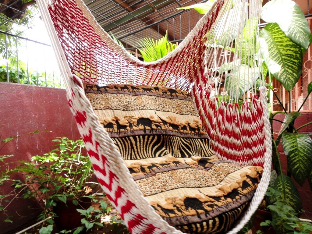 Red and White Bulico Sitting Hammock, Hanging Chair Natural Cotton and Wood