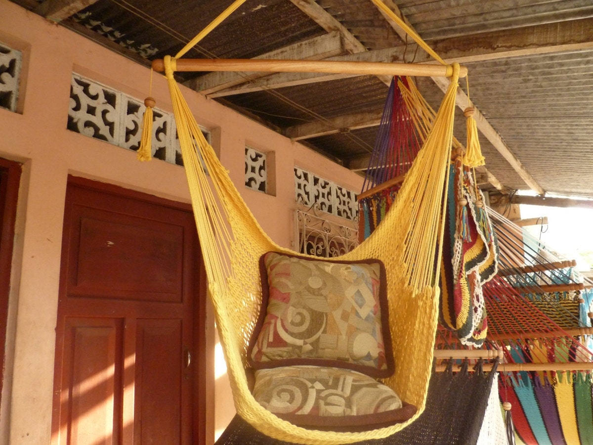 Yellow Sitting Hammock, Hanging Chair Natural Cotton and Wood