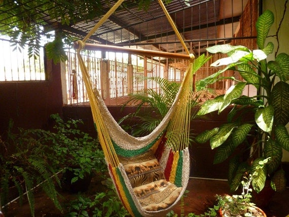 Multicolor Sitting Hammock, Hanging Chair Natural Cotton and Wood