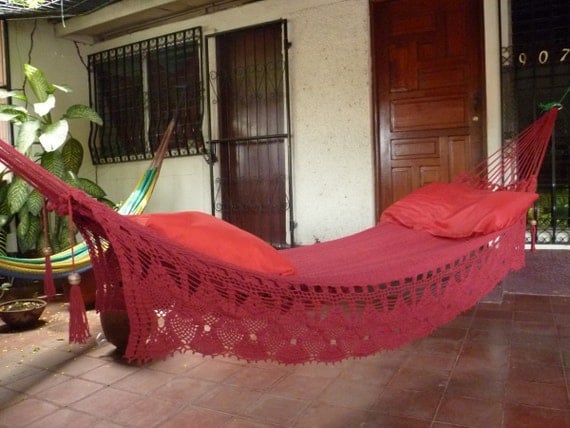 Magic Red Magic Hammock, Hand Woven Natural Cotton with Bell Fringe Crochet