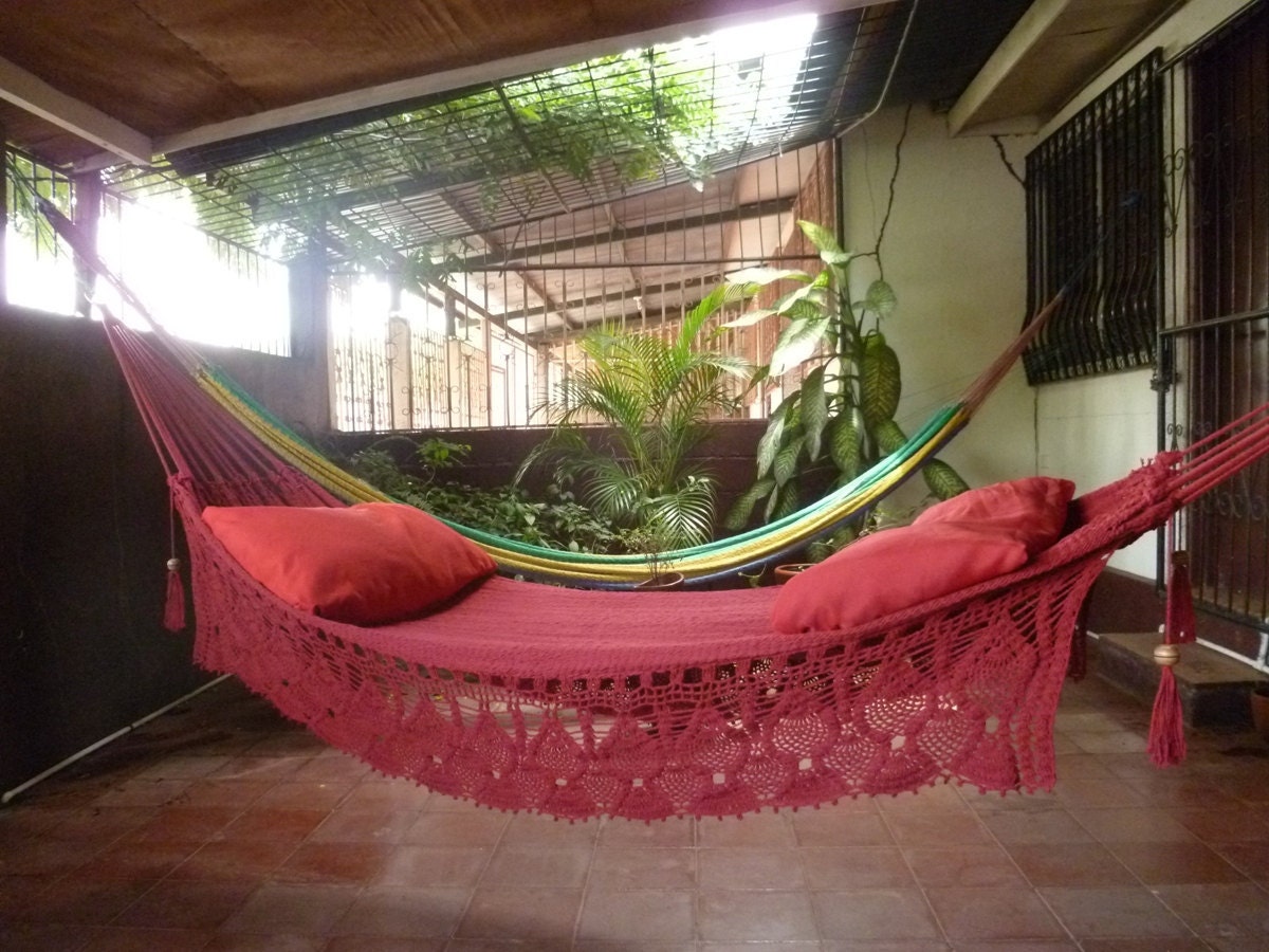 Magic Red Magic Hammock, Hand Woven Natural Cotton with Bell Fringe Crochet