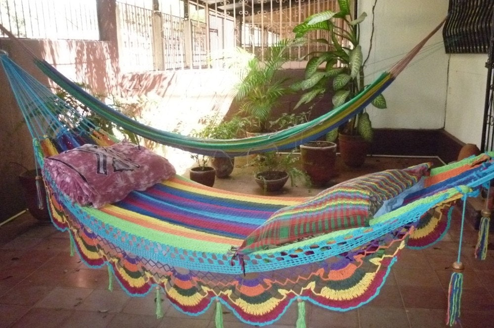 Hammocks, Beautiful Turquoise Double Hammock hand-woven Natural Cotton Special Fringe