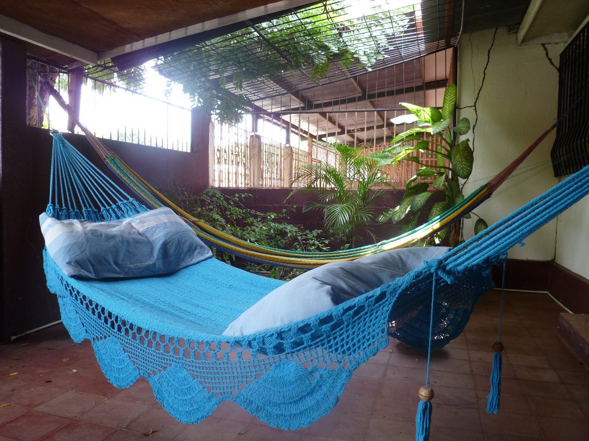 Turquoise hammock, Double Hammock hand-woven Natural Cotton Simple Fringe