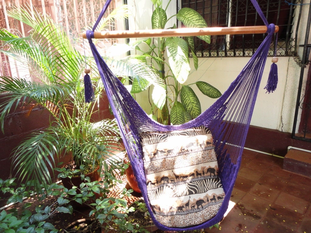 Purple Sitting Hammock, Hanging Chair Natural Cotton and Wood