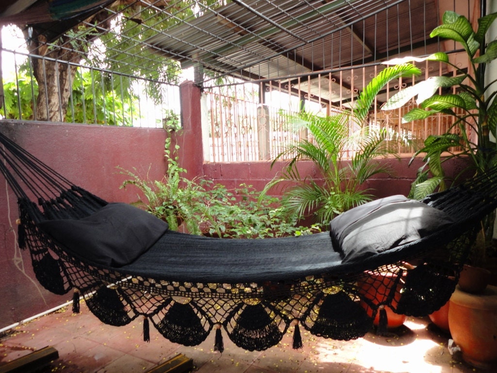 Black Hammock, Hand Woven Natural Cotton with Special Fringe