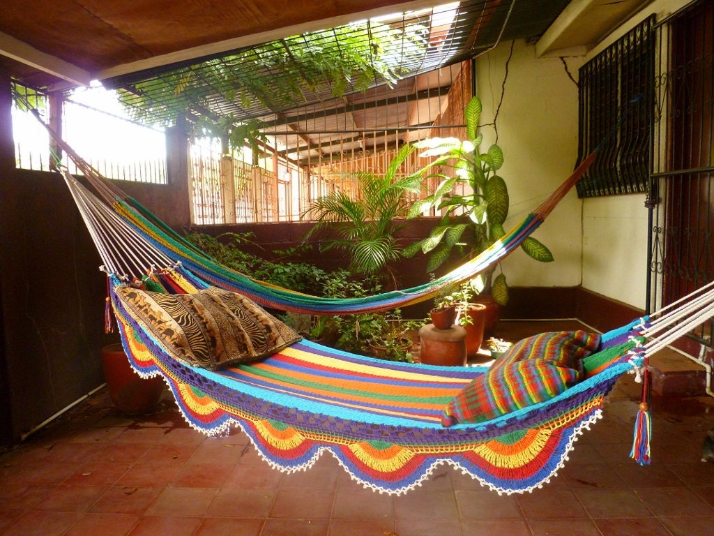 White Multicolor Hammock, Double Hammock Hand-Woven Simple Fringe