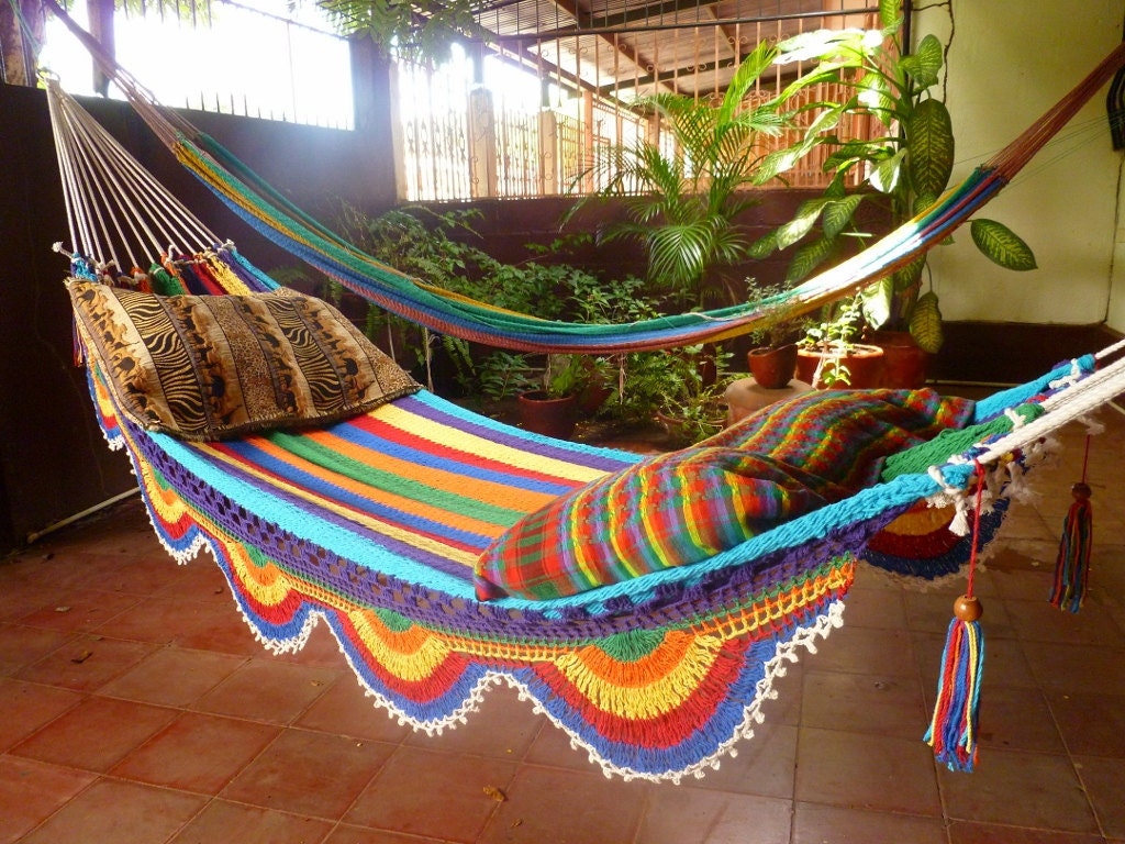 White Multicolor Hammock, Double Hammock Hand-Woven Simple Fringe