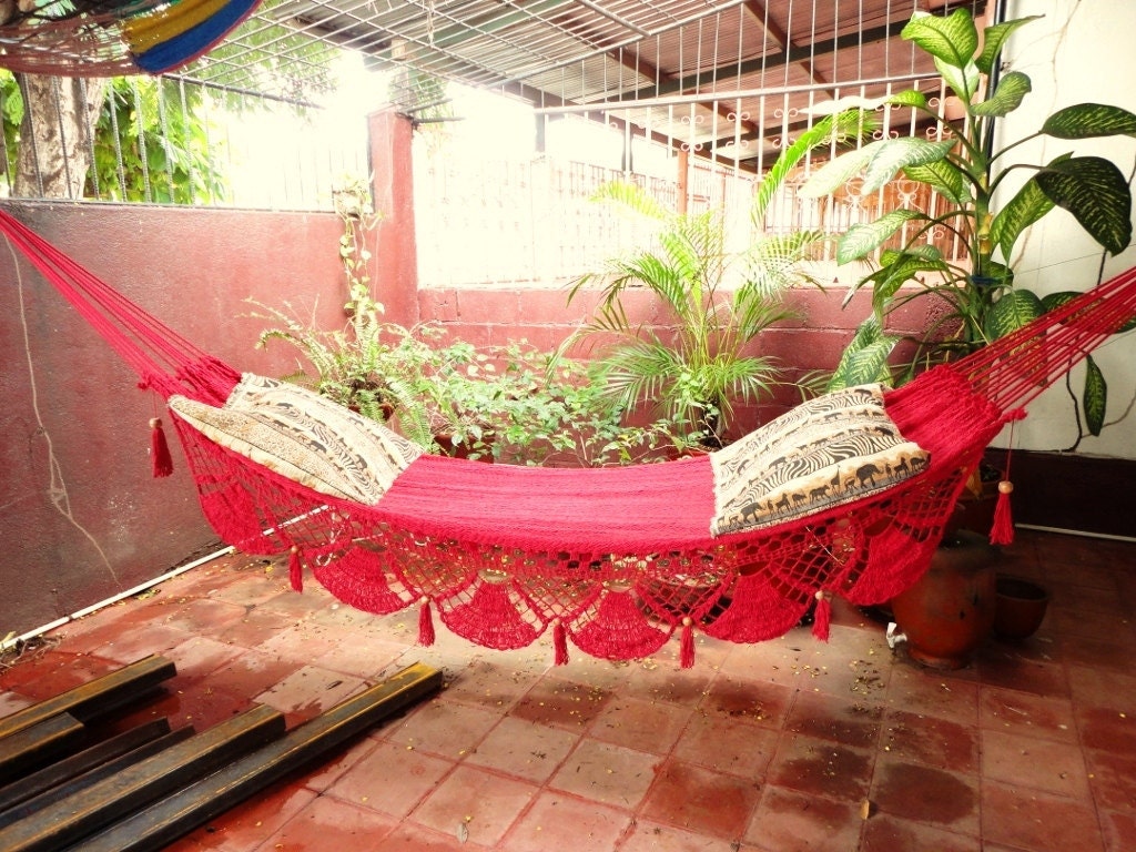 Red Hammock, Hand Woven Natural Cotton with Special Fringe