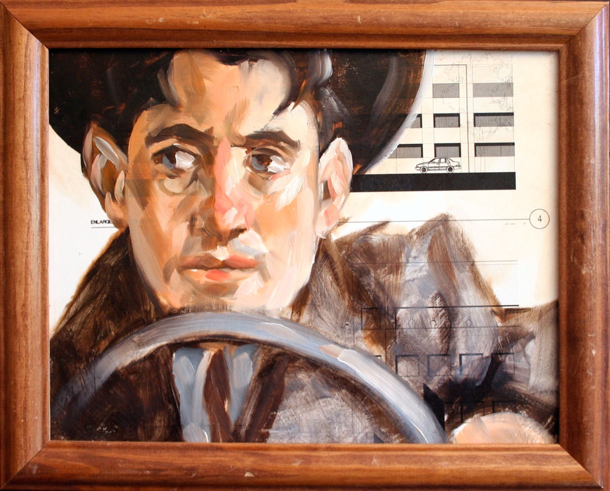 Driver 10"x8" in vintage frame, oilpaint, blue prints, on masonite panel by Kenney Mencher
