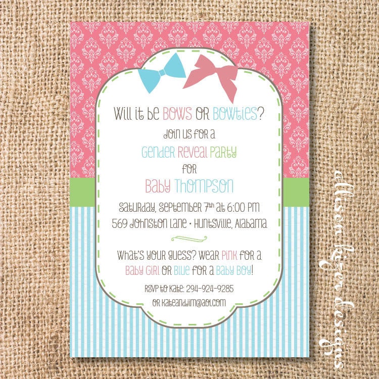 Bows or Bowties Printable Gender Reveal Party Twin Baby Shower Invitation