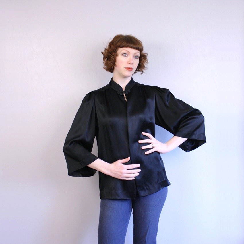 vintage 1930s 40s style blouse / black liquid satin blouse / deco to disco top
