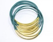 Teal leather bangle bracelet with gold tubes Z479