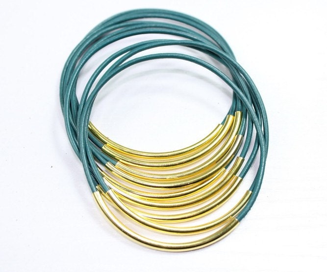 Teal leather bangle bracelet with gold tubes Z479