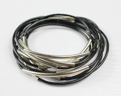 men or women silver tubes wrap magnetic bangle black leather bracelet s43