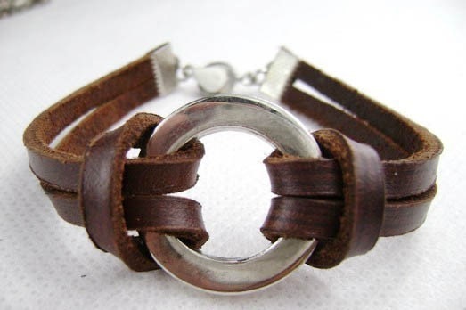 deep brown cowhide leather metal beads bracelets r011