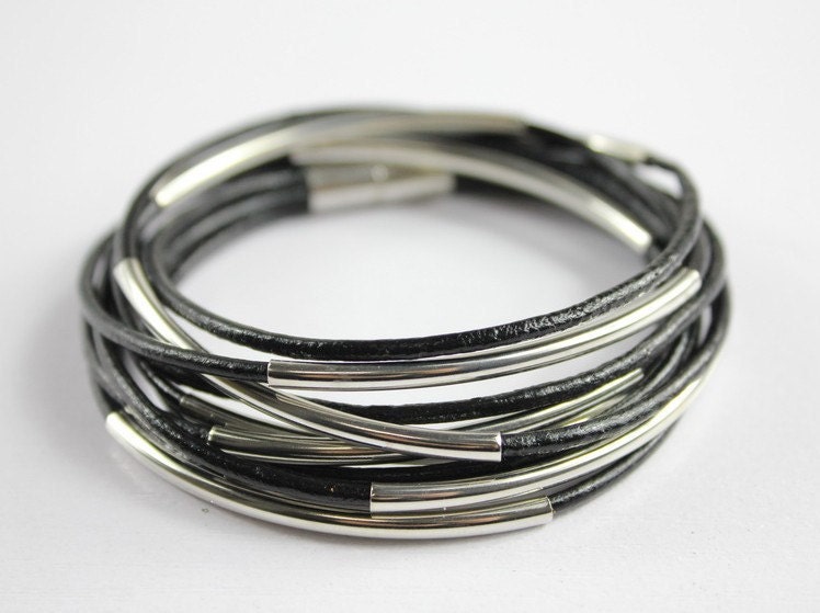 men or women silver tubes wrap magnetic bangle black leather bracelet s43
