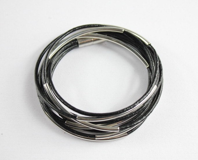 men or women silver tubes wrap magnetic bangle black leather bracelet s43