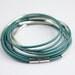Teal leather bracelet threaded silver tube and magnetic clasp z439