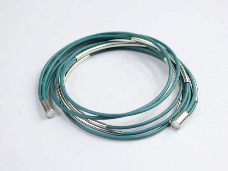 Teal leather bracelet threaded silver tube and magnetic clasp z439