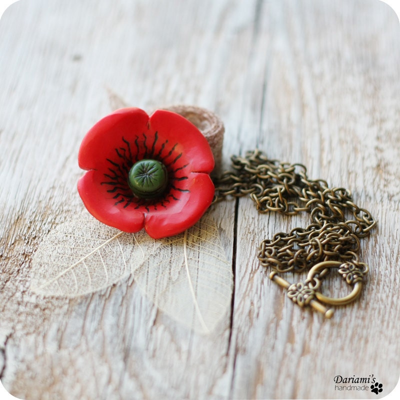 Red necklace pendant - Poppy flower