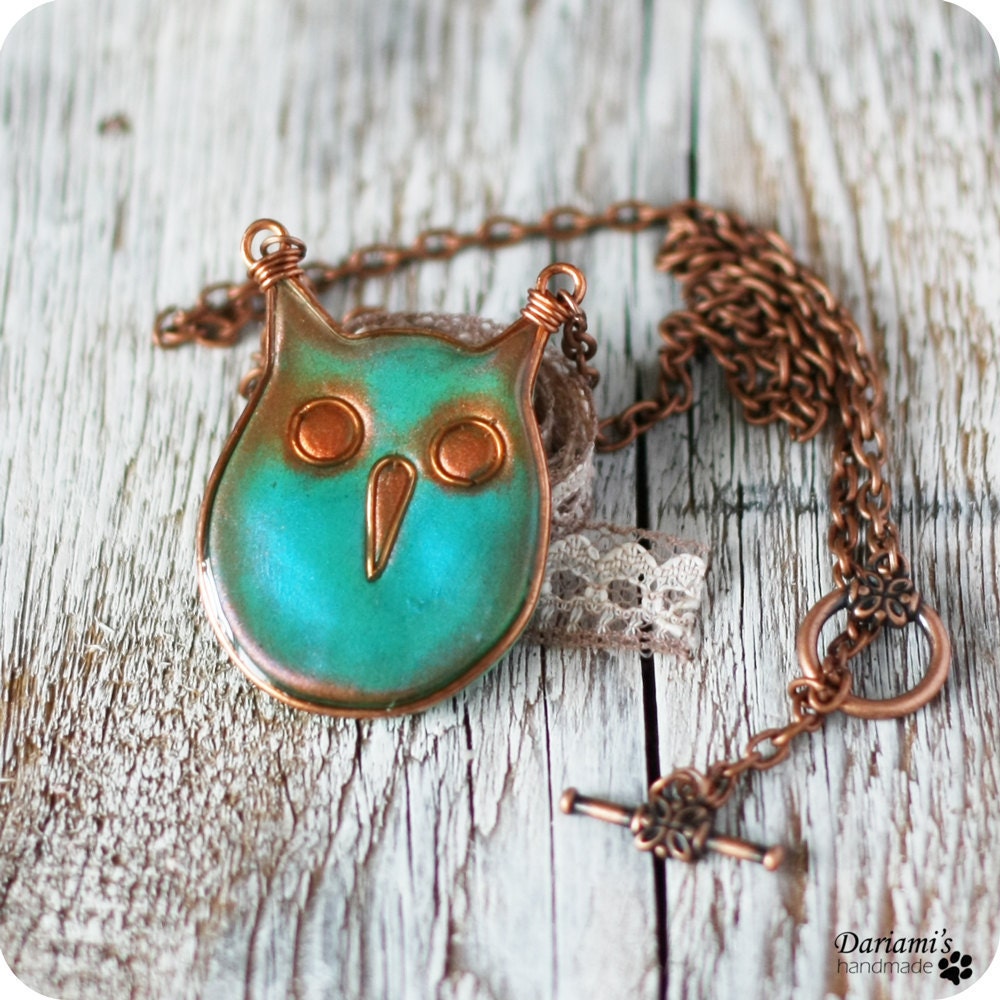 Woodland necklace- Green blue owl