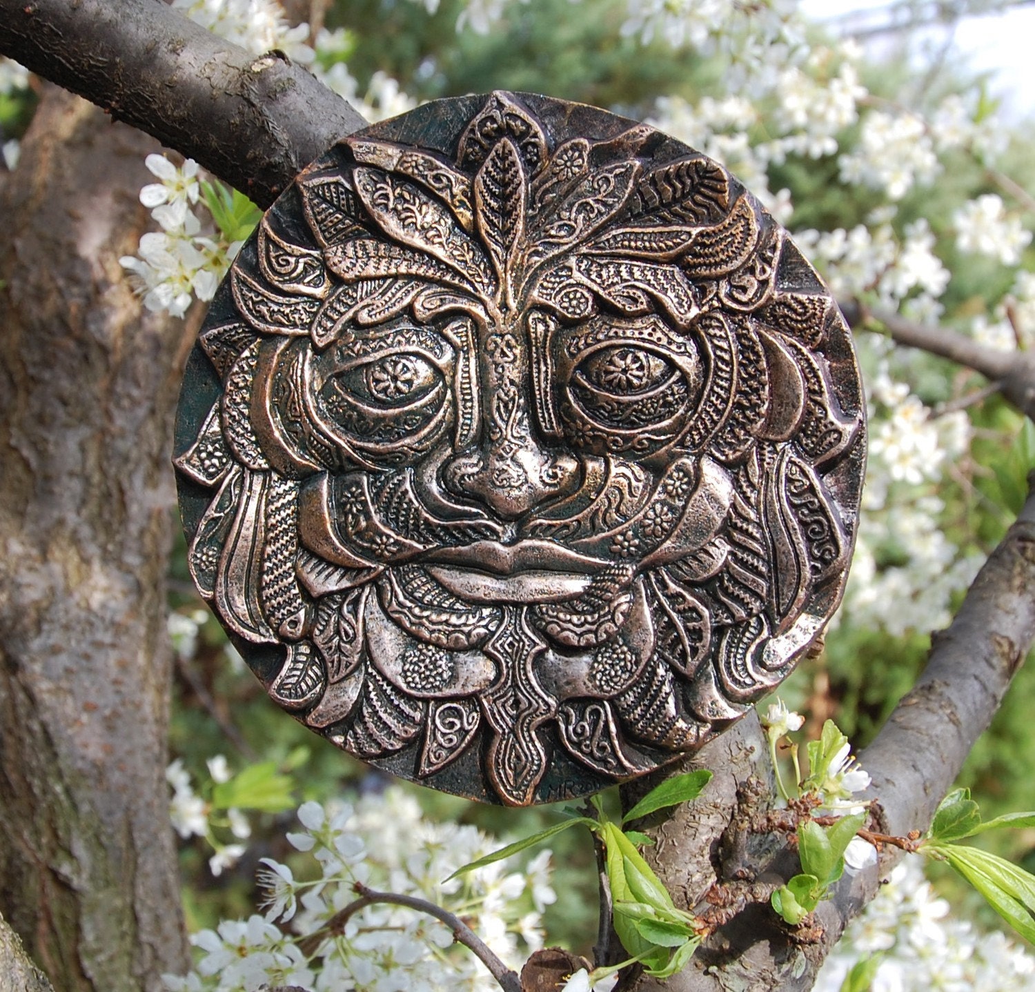 Green Man Garden Art, Stone Sculpture, Hanging Face