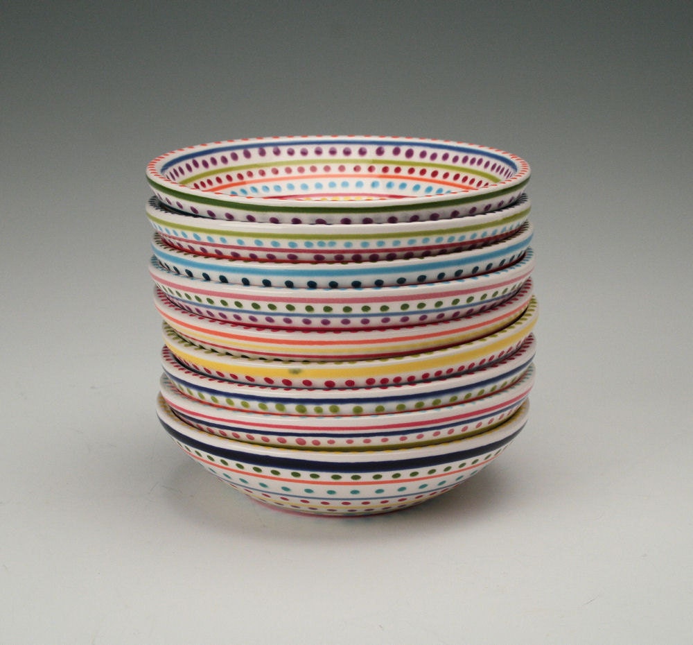 Stripes and Dots Bowl Small Hand Painted Dinnerware Multicolor