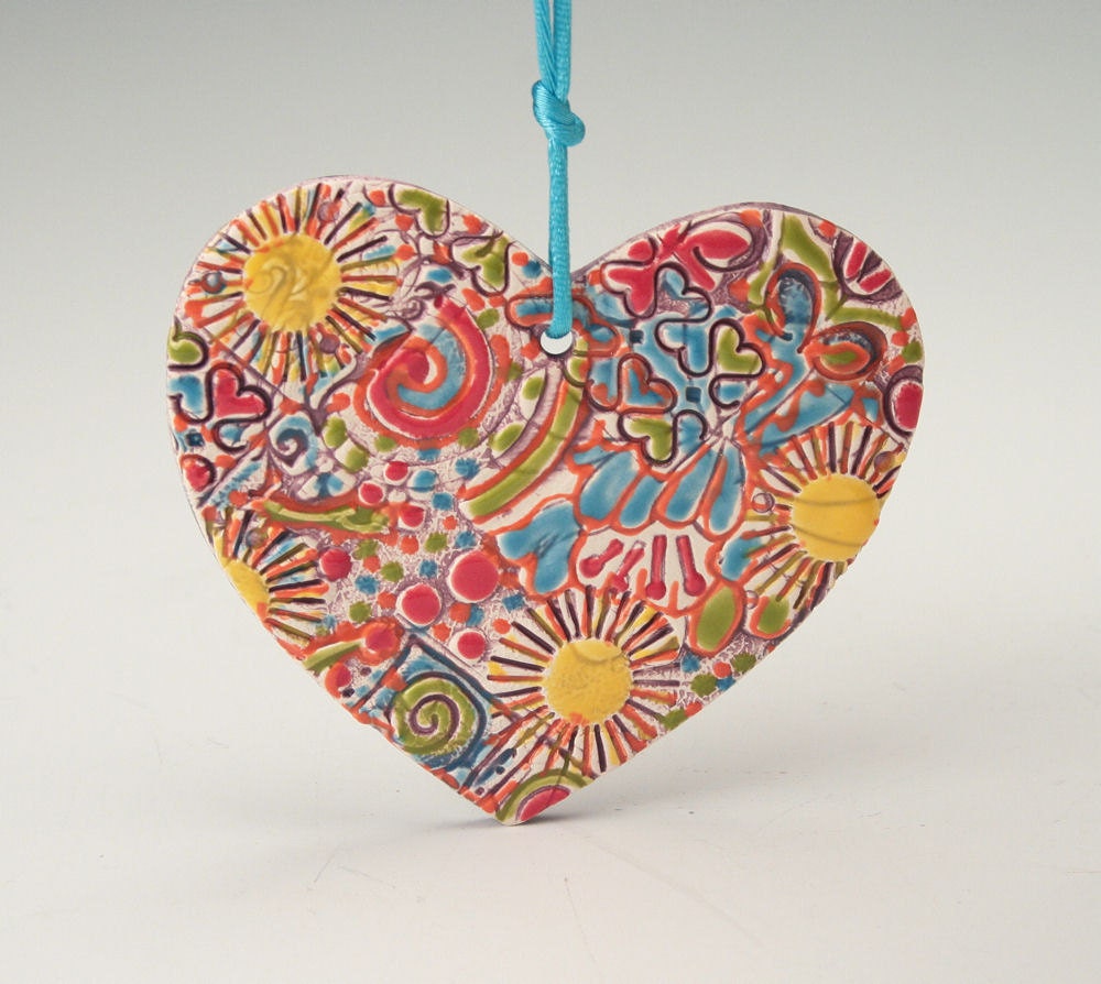 Beautiful Textured Heart Ornament Colorful By Owlcreekceramics