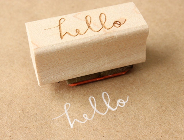cursive hello wooden rubber stamp