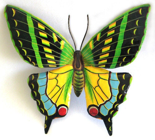 Huge Green Butterfly Metal Wall Hanging - 48" Hand Painted Garden Decor - Recycled Steel Drums - 514-48