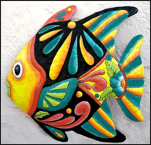 Tropical Fish - Haitian Painted Upcycled Metal Garden Art - 24 inch - M-801-YL-24