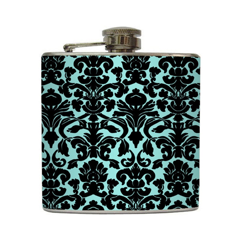 Tiffany Blue and Black Damask Liquor Flask Modern Elegant Bridesmaid Gift Stainless Steel 6 oz Liquor Hip Flask LC-1006
