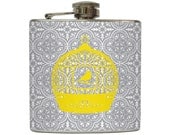 Yellow Birdcage Silhoutte Hip Flask on Gray and White Damask Modern Bridesmaids Gift Stainless Steel 6 oz Liquor Hip Flask LC-1042