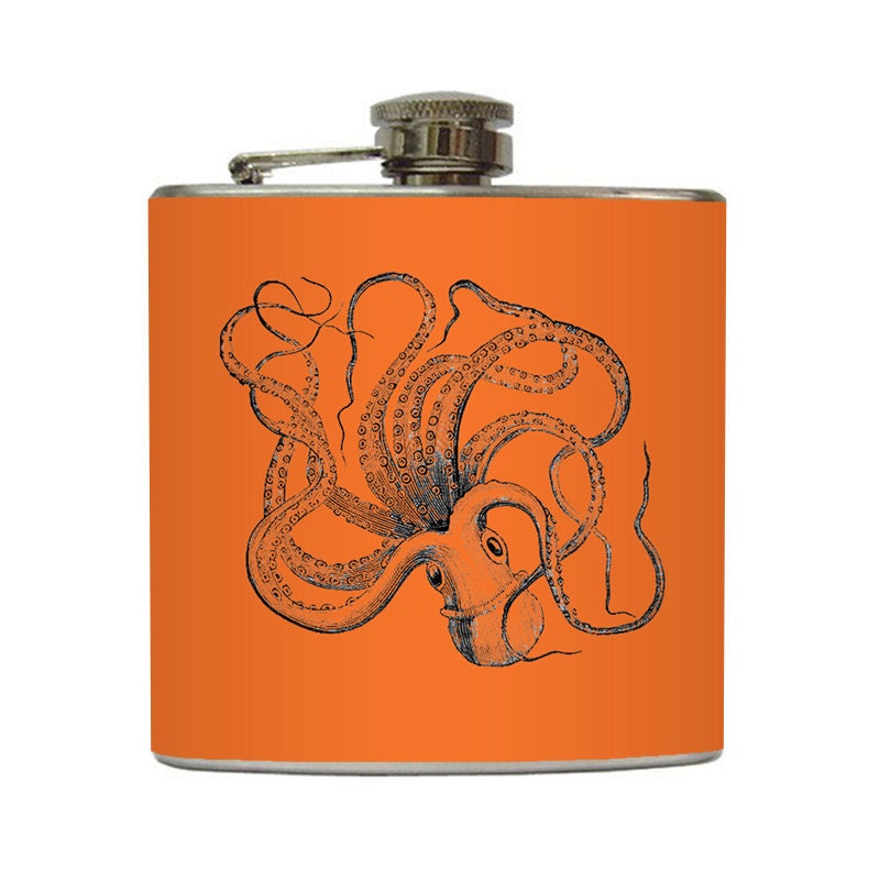 Octopus Vintage Print Whiskey Flask on Orange Groomsmen Usher 21st Birthday Gift Stainless Steel 6 oz Liquor Hip Flask LC-1240