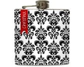 Personalized Black and White Damask Liquor Flask Name Ribbon Modern Bridesmaid Gift Stainless Steel 6 oz Liquor Hip Flask LC-1187