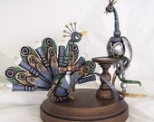 Colorful Peacock Wedding Cake Topper Wood Birds Graceful Feathers SUPER Detailed