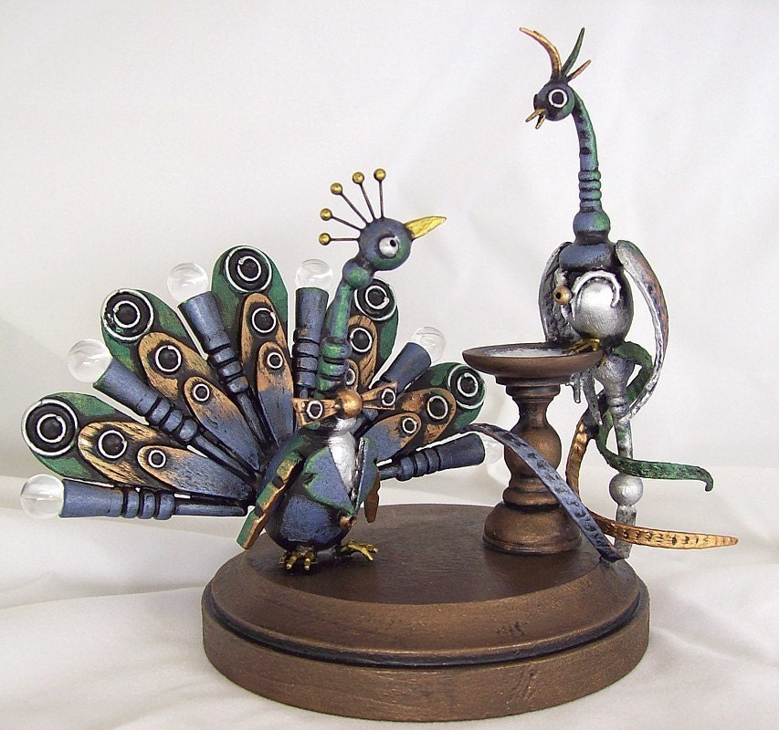 Colorful Peacock Wedding Cake Topper Wood Birds Graceful Feathers SUPER Detailed