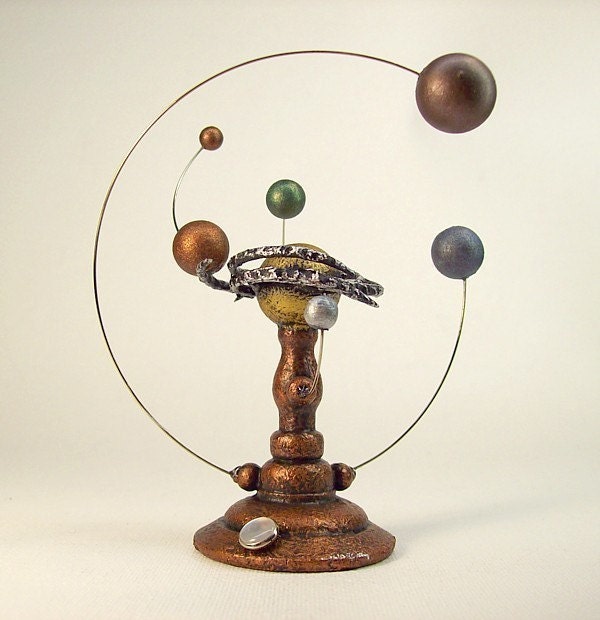 Spiral Nebula Orrery with Rings Miniature Alien Sun and Planet System in Wood