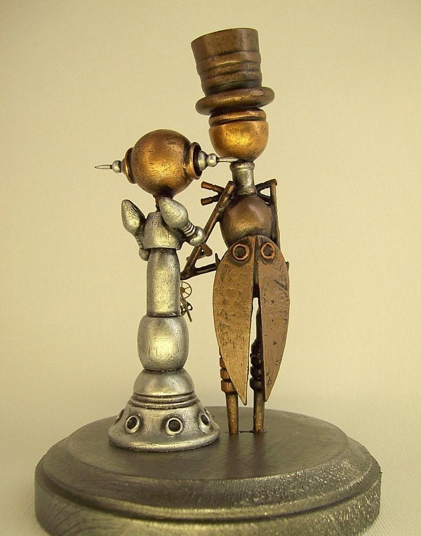 Robot Wedding Cake Topper Elegant Space Princess Bride Groom Top Hat Tails Wood Steampunk Statues